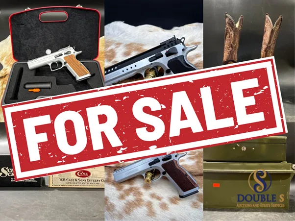 Collage of items for sale including firearms and cowboy boots, typical of Double S Auctions and estate liquidations