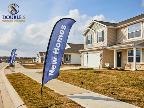 New homes development with New Homes flags, representing real estate auction services by Double S Auctions Amarillo